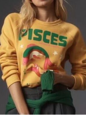 Anthropologie Midnight Rider The Carolita Zodiac Pisces Sweatshirt Yellow Gold L